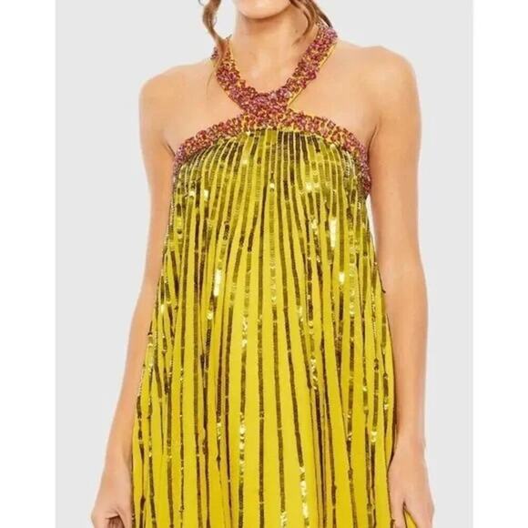 Mac Duggal High Neck Open Back Embellished Trapeze Dress Gold Size 4 NWT - Picture 3 of 10